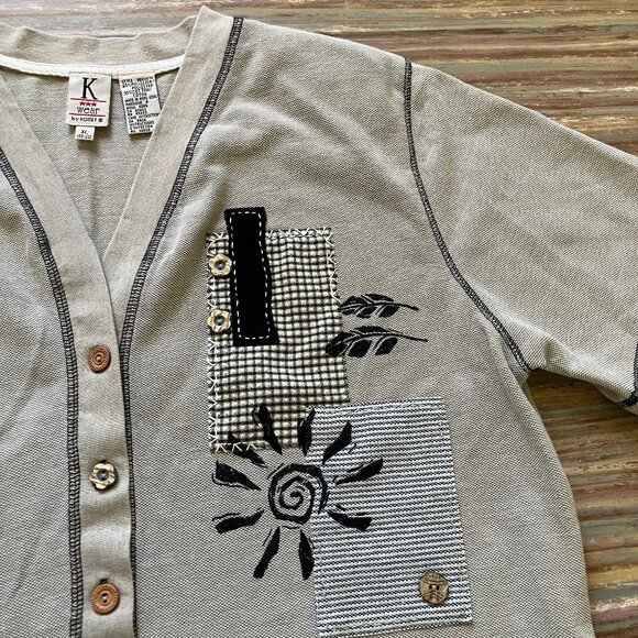 Gingham Patchwork Short Sleeve Button Front Shirt Beige Vintage K by Koret 90s - Picture 3 of 7